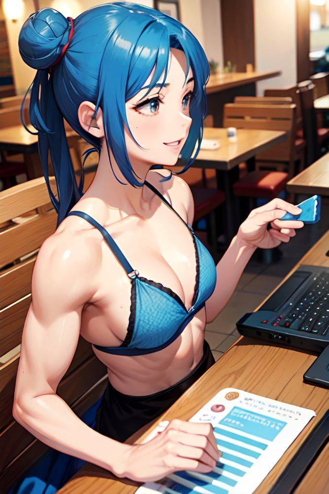 Anime Muscular Small Tits 40s Age Happy Face Blue Hair Hair Bun Hair Style Light Skin Soft + Warm Restaurant Side View Gaming Fishnet 3667759480107139067 - AI Hentai - #main