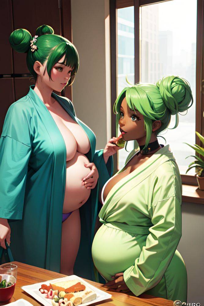 Anime Pregnant Small Tits 70s Age Happy Face Green Hair Hair Bun Hair Style Dark Skin Cyberpunk Wedding Side View Eating Bathrobe 3667825191473924652 - AI Hentai - #main