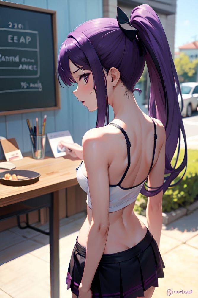 Anime Skinny Small Tits 40s Age Shocked Face Purple Hair Ponytail Hair Style Dark Skin Painting Bar Back View T Pose Mini Skirt 3667887040265886562 - AI Hentai - #main