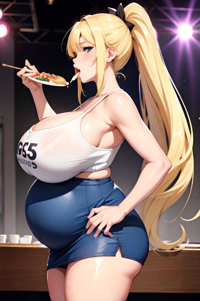 Anime Pregnant Huge Boobs 18 Age Ahegao Face Blonde Ponytail Hair Style Light Skin Watercolor Stage Side View Eating Mini Skirt 3668003004756047651 - AI Hentai - #main