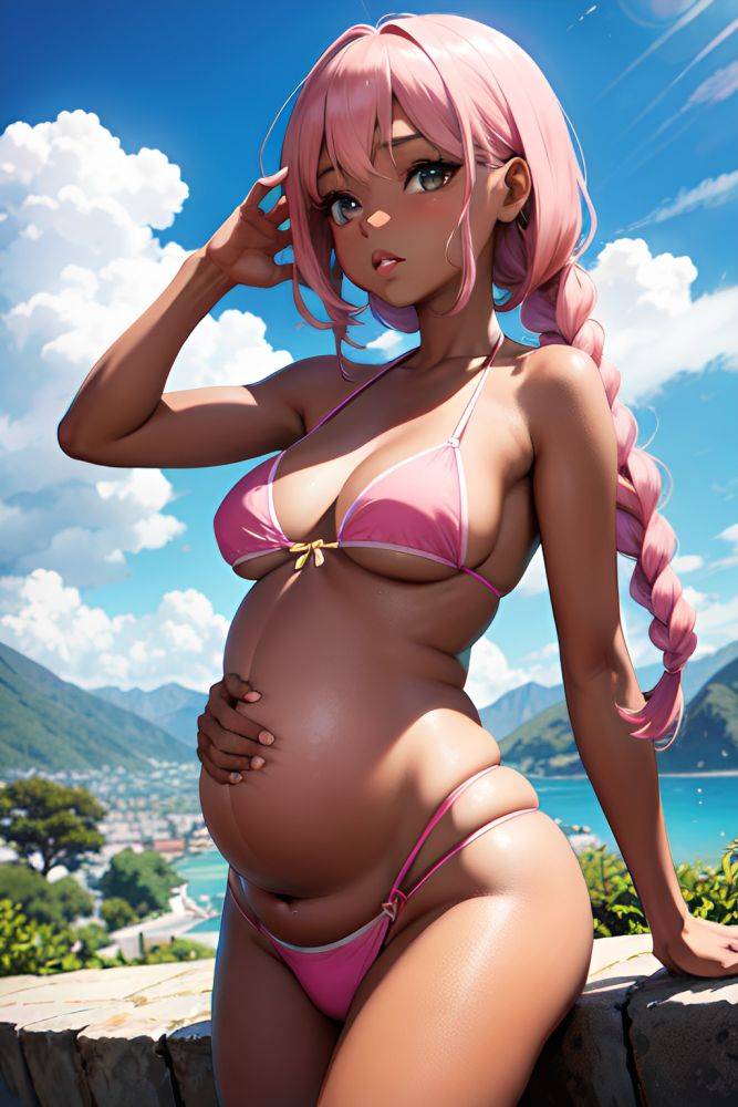 Anime Pregnant Small Tits 60s Age Pouting Lips Face Pink Hair Braided Hair Style Dark Skin Crisp Anime Mountains Front View Plank Bikini 3668111239709161841 - AI Hentai - #main
