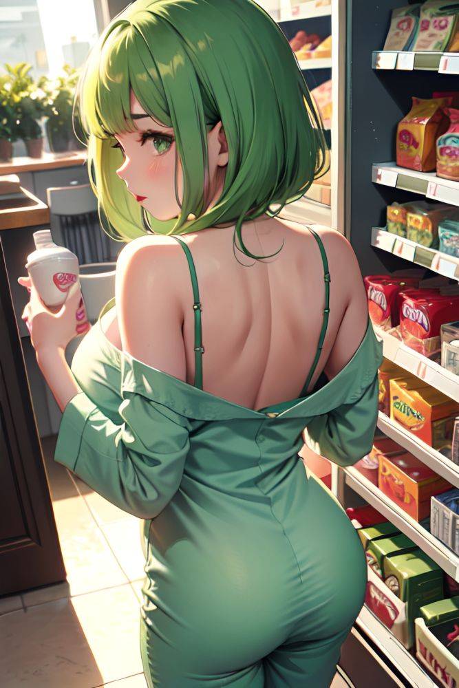 Anime Skinny Huge Boobs 50s Age Pouting Lips Face Green Hair Bangs Hair Style Light Skin Vintage Grocery Back View Bathing Pajamas 3668122833973578947 - AI Hentai - #main