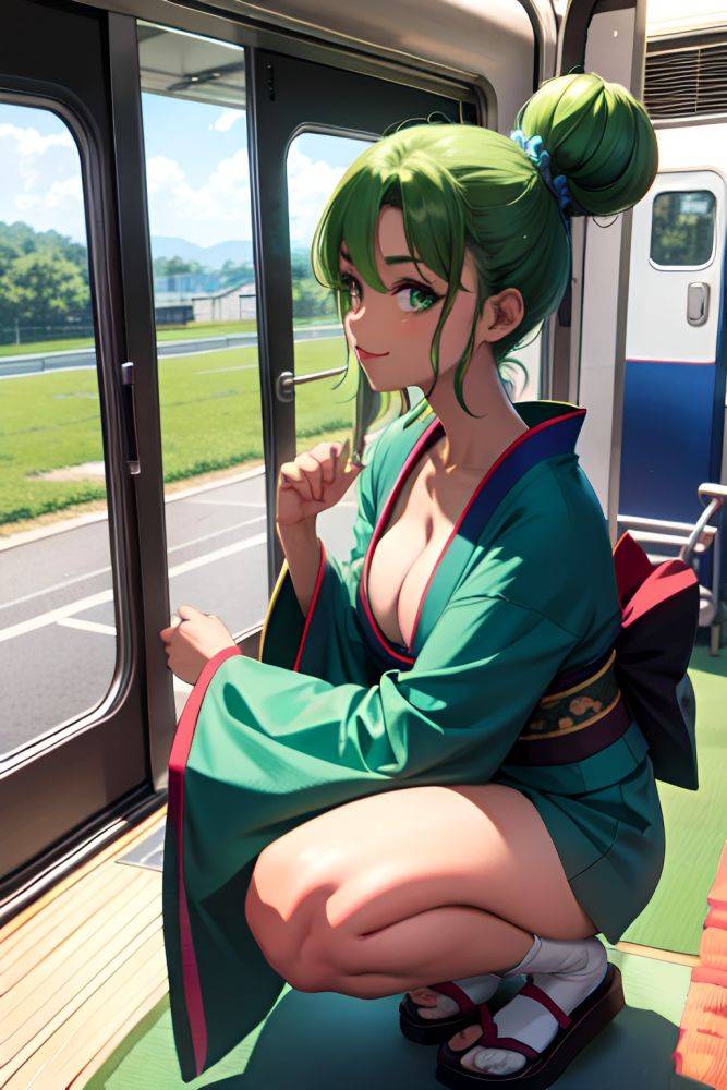 Anime Busty Small Tits 80s Age Happy Face Green Hair Hair Bun Hair Style Dark Skin Comic Train Side View Squatting Kimono 3668153757738593484 - AI Hentai - #main