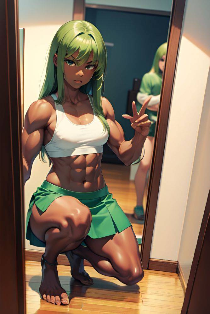 Anime Muscular Small Tits 70s Age Serious Face Green Hair Straight Hair Style Dark Skin Mirror Selfie Hospital Side View Squatting Mini Skirt 3668161488679836377 - AI Hentai - #main