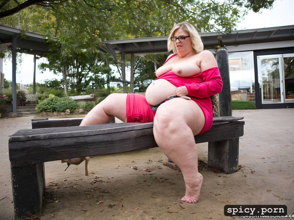 sitting on bench facing camera looking at camera fake blonde - #main