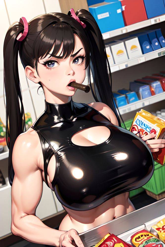 Anime Muscular Huge Boobs 80s Age Angry Face Brunette Pigtails Hair Style Light Skin Black And White Grocery Close Up View Eating Latex 3668176950562313259 - AI Hentai - #main
