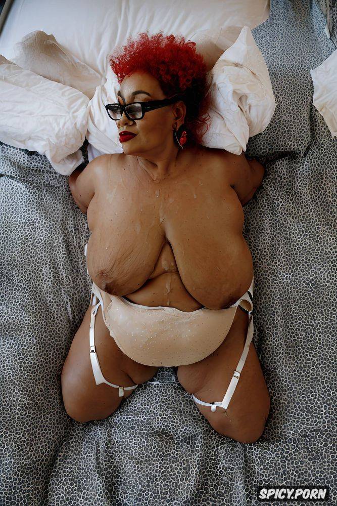 boobs and glasses 55yo no deformed limbs or body parts full body view close from above in bed - #main