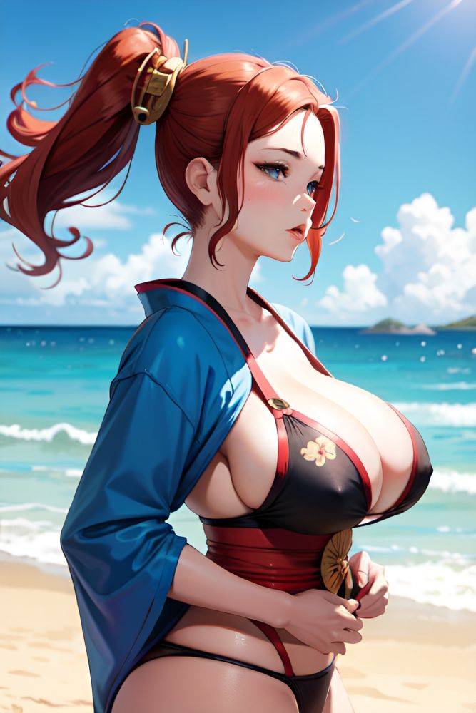 Anime Busty Huge Boobs 40s Age Pouting Lips Face Ginger Ponytail Hair Style Light Skin Painting Beach Side View Working Out Geisha 3668215603492416176 - AI Hentai - #main