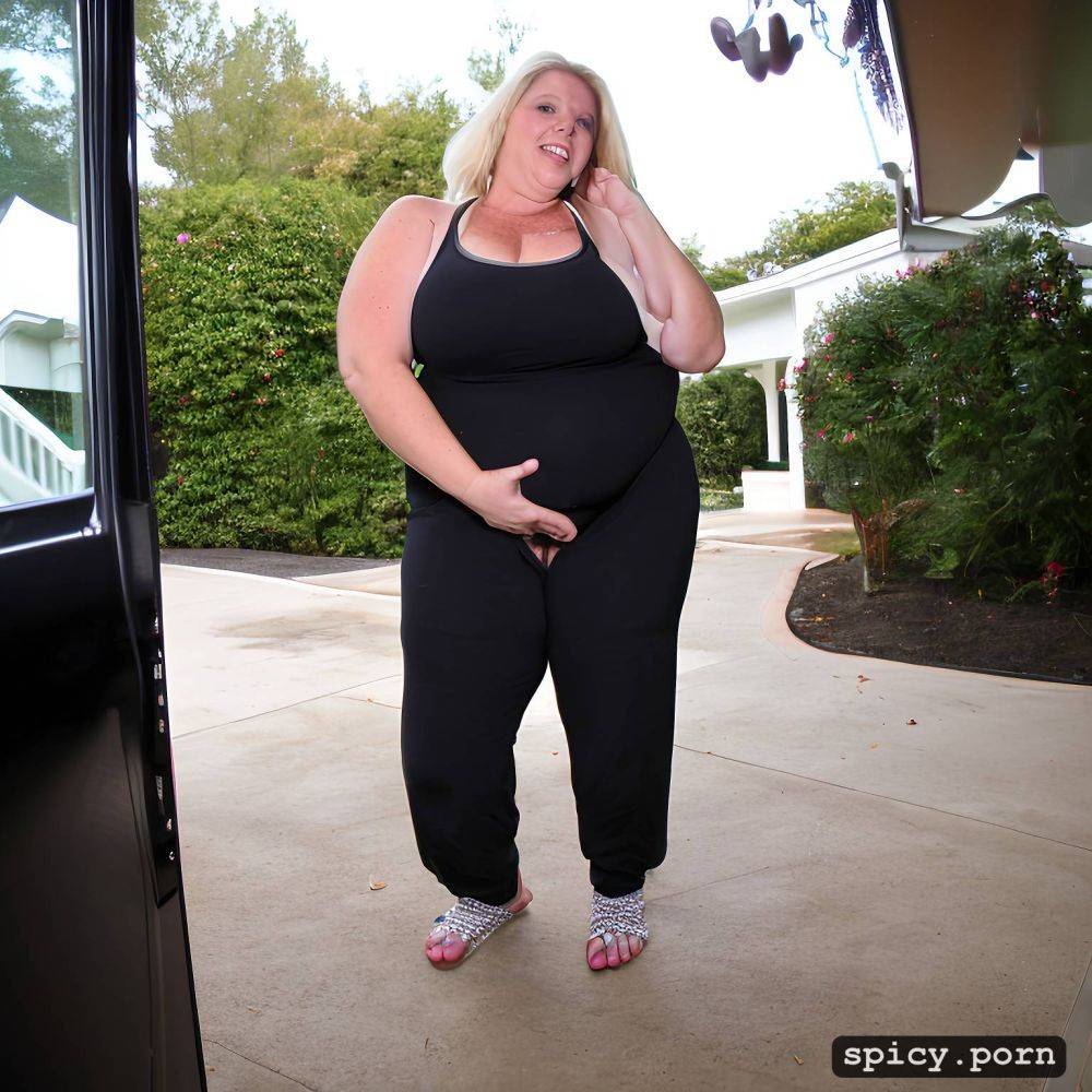full body shot in public large belly short bleached blond pixie hair - #main