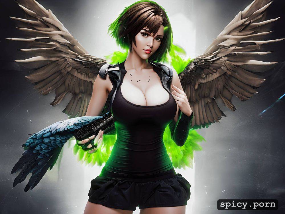 20 yo green miniskirt big boobs black feathered wings perfect athletic female fallen angel - #main