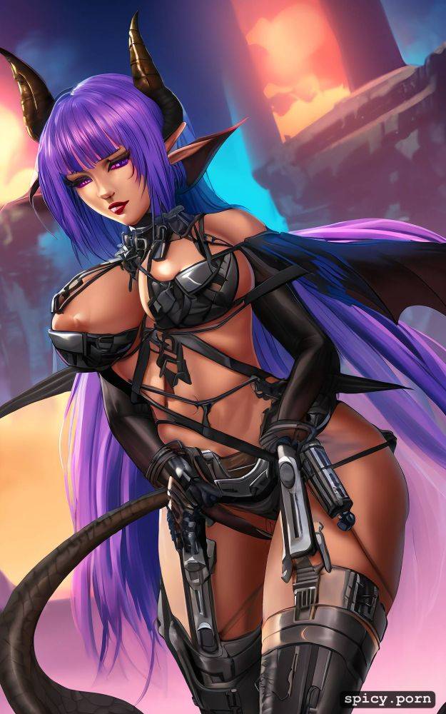 purple hair highres nice natural boobs black demonic tail - #main