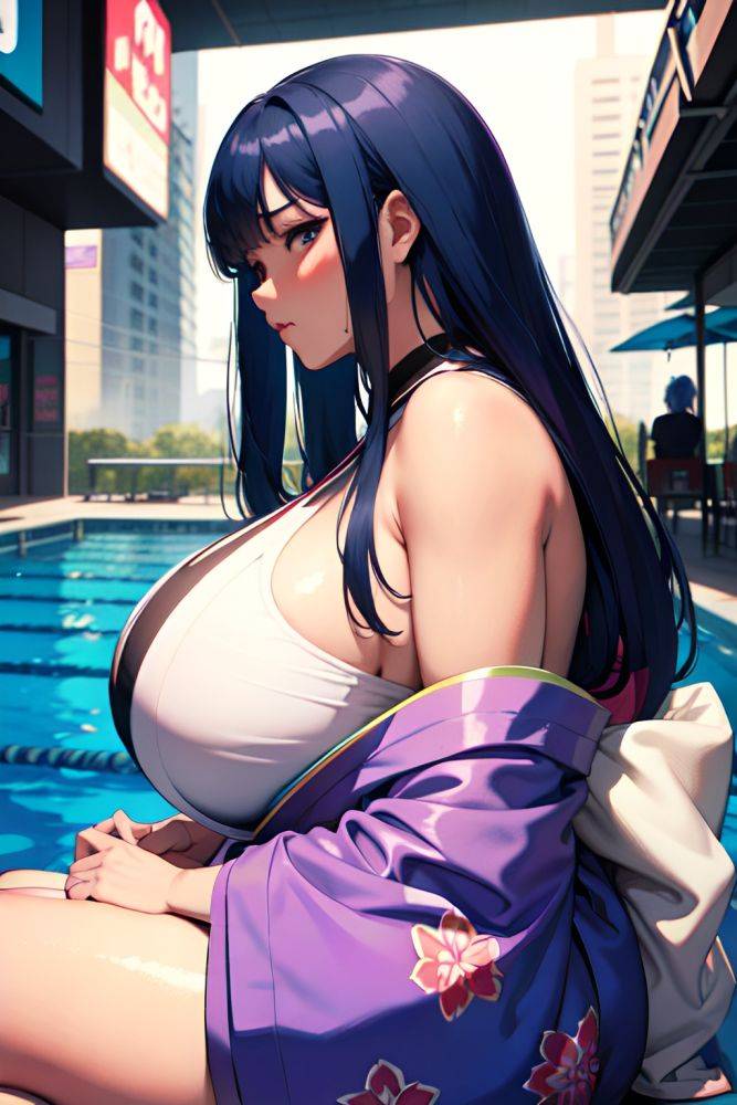 Anime Chubby Huge Boobs 80s Age Sad Face Blue Hair Straight Hair Style Dark Skin Cyberpunk Pool Side View Eating Kimono 3668756772078783966 - AI Hentai - #main