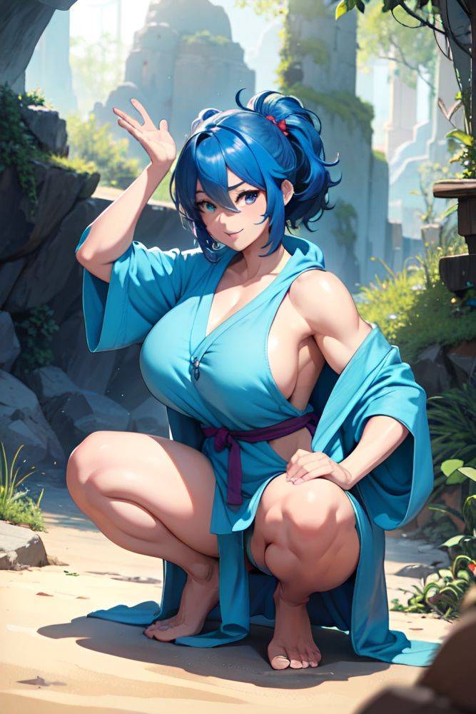 Anime Muscular Huge Boobs 30s Age Happy Face Blue Hair Messy Hair Style Light Skin Illustration Cave Front View Squatting Bathrobe 3668876601667920444 - AI Hentai - #main