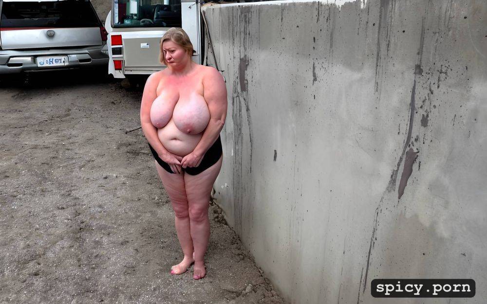 completely huge floppy saggy breasts on obese 60 years old posh russian woman large hairy cunt fat very stupid cute face with small nose much makeup semi short hair standing straight in - #main