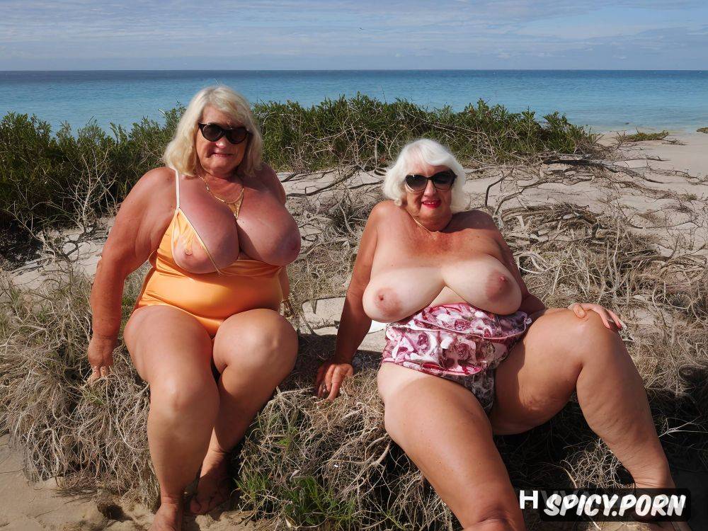two fat grannys on the beach highly detailed hdr photo short messy white hair - #main