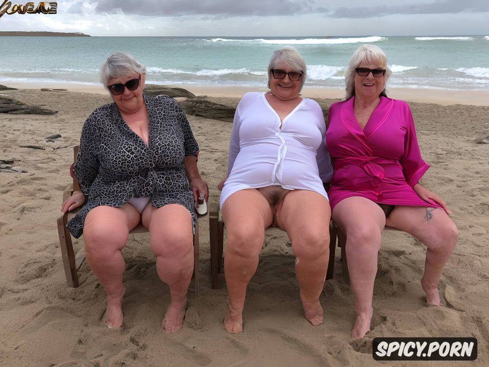 two fat grannys on the beach highly detailed hdr photo spreading open legs crouching short messy white hair - #main