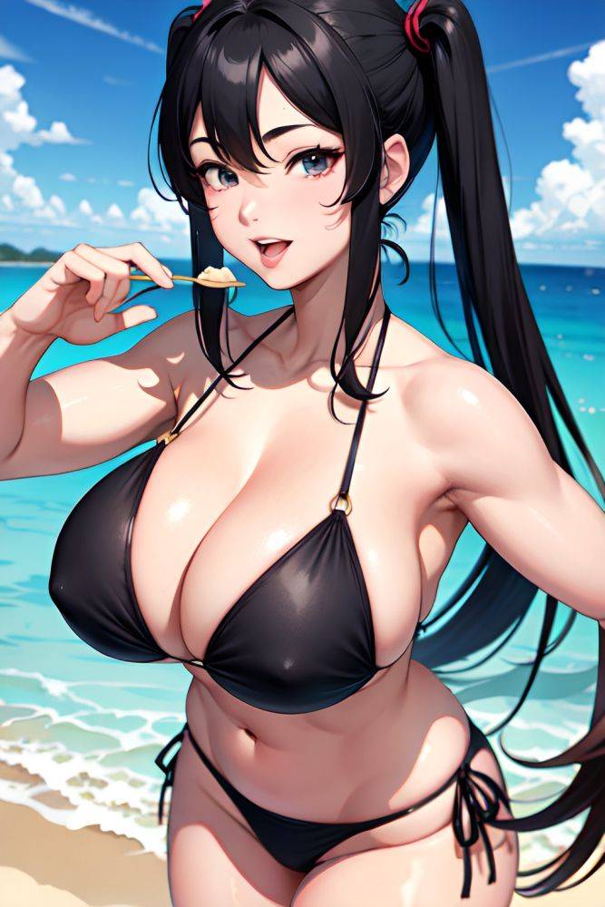 Anime Muscular Huge Boobs 30s Age Happy Face Black Hair Pigtails Hair Style Light Skin Skin Detail (beta) Oasis Front View Eating Bikini 3669181973846610616 - AI Hentai - #main