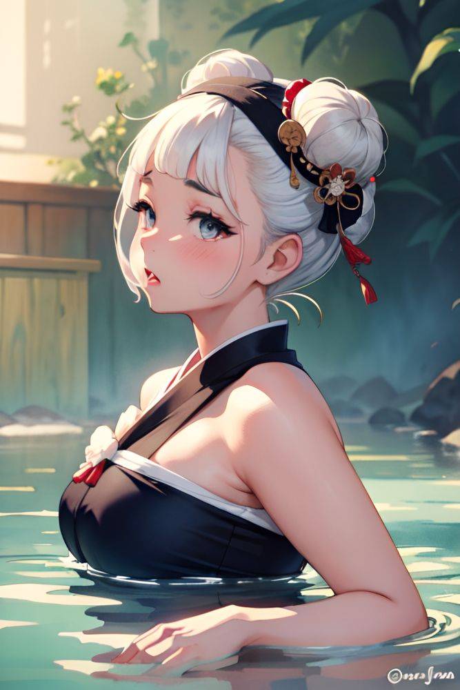 Anime Chubby Small Tits 50s Age Shocked Face White Hair Hair Bun Hair Style Dark Skin Watercolor Stage Close Up View Bathing Geisha 3669359785000957220 - AI Hentai - #main