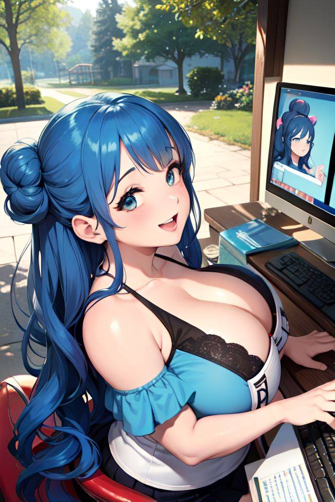 Anime Chubby Huge Boobs 60s Age Laughing Face Blue Hair Hair Bun Hair Style Dark Skin Vintage Forest Side View Gaming Schoolgirl 3669386843789222001 - AI Hentai - #main