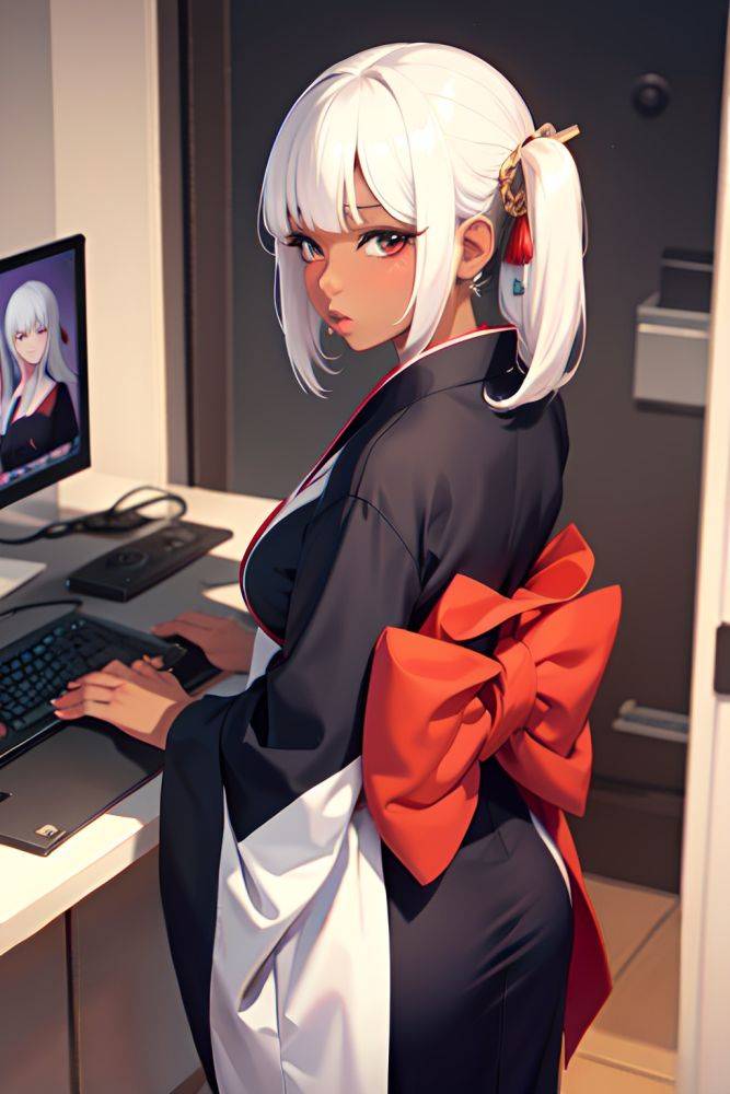 Anime Busty Small Tits 60s Age Pouting Lips Face White Hair Bangs Hair Style Dark Skin Crisp Anime Office Back View Gaming Kimono 3669406170648304931 - AI Hentai - #main