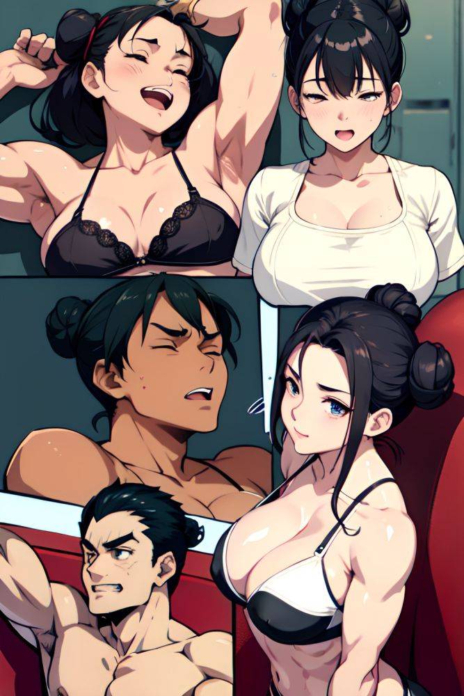 Anime Muscular Huge Boobs 50s Age Laughing Face Black Hair Hair Bun Hair Style Light Skin Crisp Anime Prison Close Up View Sleeping Bra 3669429363554203932 - AI Hentai - #main