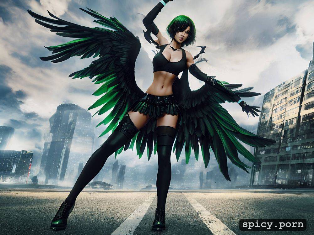 20 yo green miniskirt big boobs black feathered wings perfect athletic female fallen angel - #main