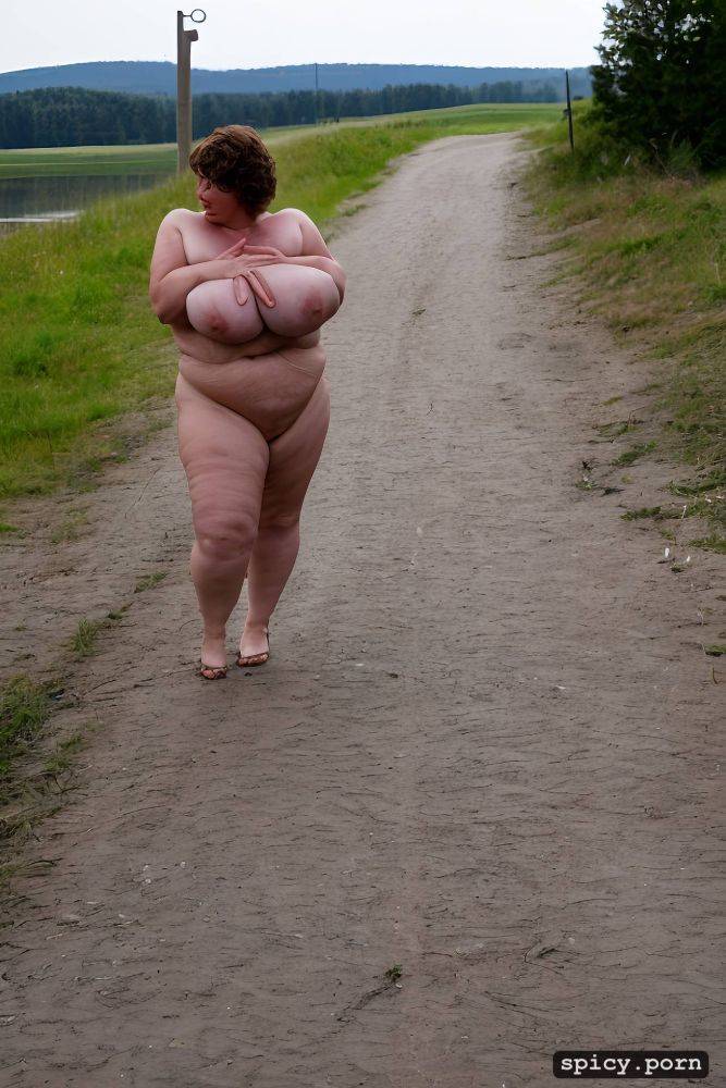 mage huge floppy saggy breasts on very fat russian mature woman with large hairy cunt fat stupid cute face with much makeup and small nose semi short hair standing straight in siberian town sidewalk gigantic floppy tits worn out woman style very fat - #main