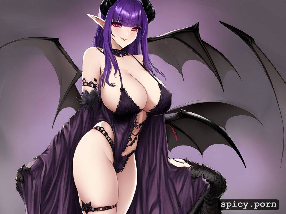 purple hair highres nice natural boobs black demonic tail - #main