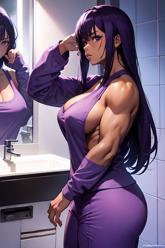 Anime Muscular Huge Boobs 18 Age Sad Face Purple Hair Messy Hair Style Dark Skin Cyberpunk Bathroom Side View T Pose Pajamas 3670059435659726960 - AI Hentai - #main