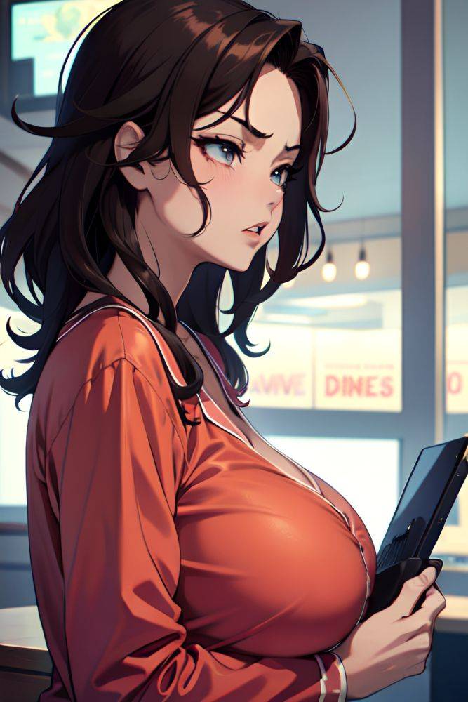 Anime Busty Huge Boobs 20s Age Angry Face Brunette Messy Hair Style Dark Skin Vintage Bar Side View Gaming Pajamas 3670148341483782973 - AI Hentai - #main