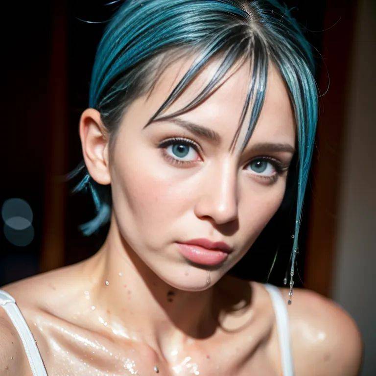 ,white people,woman,twenties,(RAW photo, best quality, masterpiece:1.1), (realistic, photo-realistic:1.2), ultra-detailed, ultra high res, physically-based rendering,short hair,(wet hair:1.4),blue hair,blue - #main