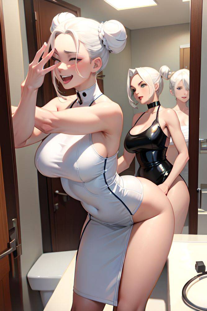 Anime Skinny Huge Boobs 30s Age Laughing Face White Hair Hair Bun Hair Style Dark Skin Mirror Selfie Bathroom Side View Bending Over Latex 3670422787355025416 - AI Hentai - #main