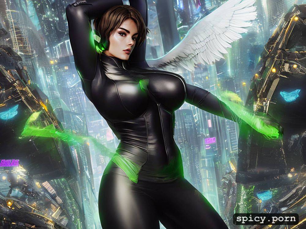 20 yo green miniskirt big boobs black feathered wings perfect athletic female fallen angel - #main