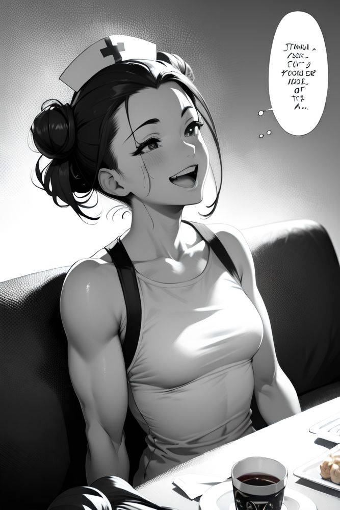 Anime Muscular Small Tits 50s Age Laughing Face Ginger Hair Bun Hair Style Light Skin Black And White Couch Side View Eating Nurse 3665590949489948164 - AI Hentai - #main