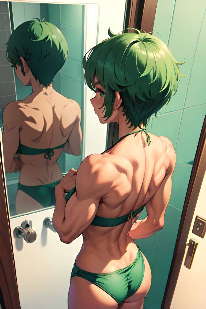 Anime Muscular Small Tits 30s Age Serious Face Green Hair Pixie Hair Style Dark Skin Vintage Bathroom Back View T Pose Bikini 3665761030197116355 - AI Hentai - #main