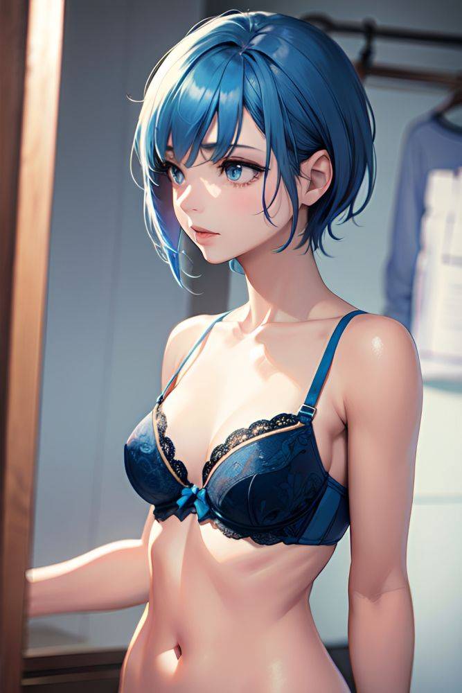 Anime Skinny Small Tits 20s Age Sad Face Blue Hair Pixie Hair Style Light Skin Skin Detail (beta) Changing Room Side View On Back Bra 3665799684389454050 - AI Hentai - #main