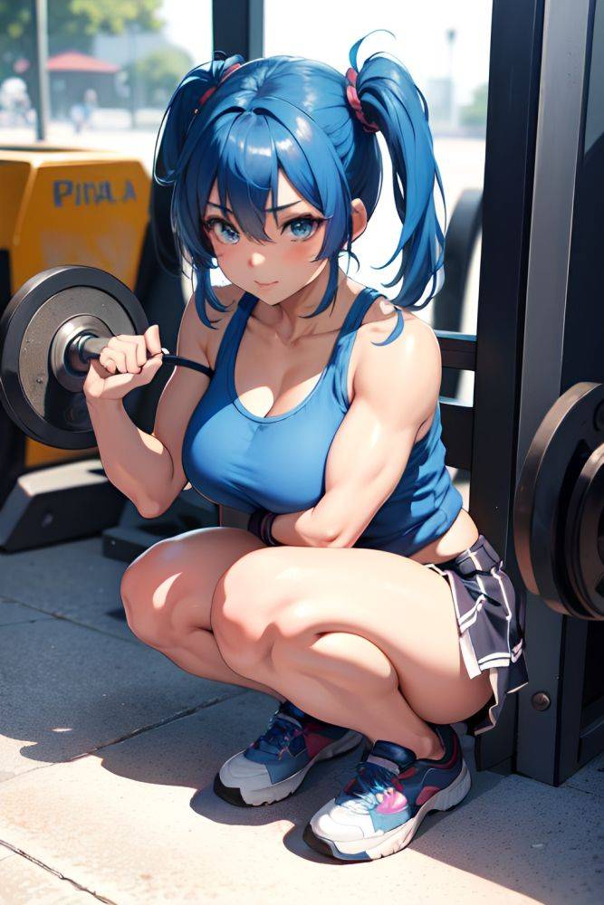 Anime Muscular Small Tits 20s Age Seductive Face Blue Hair Pigtails Hair Style Dark Skin Soft Anime Gym Close Up View Squatting Schoolgirl 3665807415330673046 - AI Hentai - #main