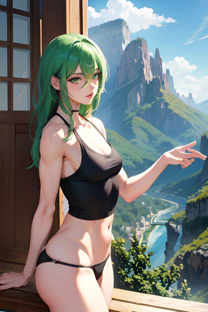 Anime Muscular Small Tits 20s Age Ahegao Face Green Hair Straight Hair Style Dark Skin Painting Mountains Side View Yoga Schoolgirl 3665923379963139752 - AI Hentai - #main
