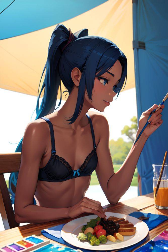 Anime Skinny Small Tits 20s Age Happy Face Blue Hair Ponytail Hair Style Dark Skin Painting Tent Side View Eating Bra 3666035478097192485 - AI Hentai - #main