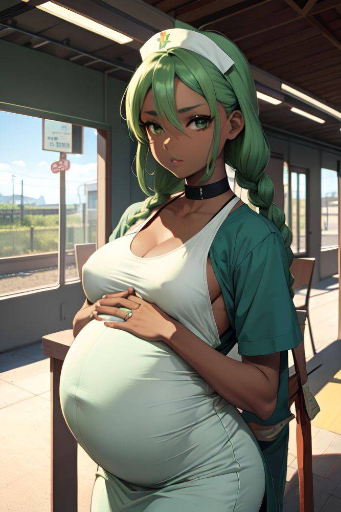 Anime Pregnant Small Tits 50s Age Serious Face Green Hair Braided Hair Style Dark Skin Charcoal Train Front View T Pose Nurse 3666166904612276332 - AI Hentai - #main