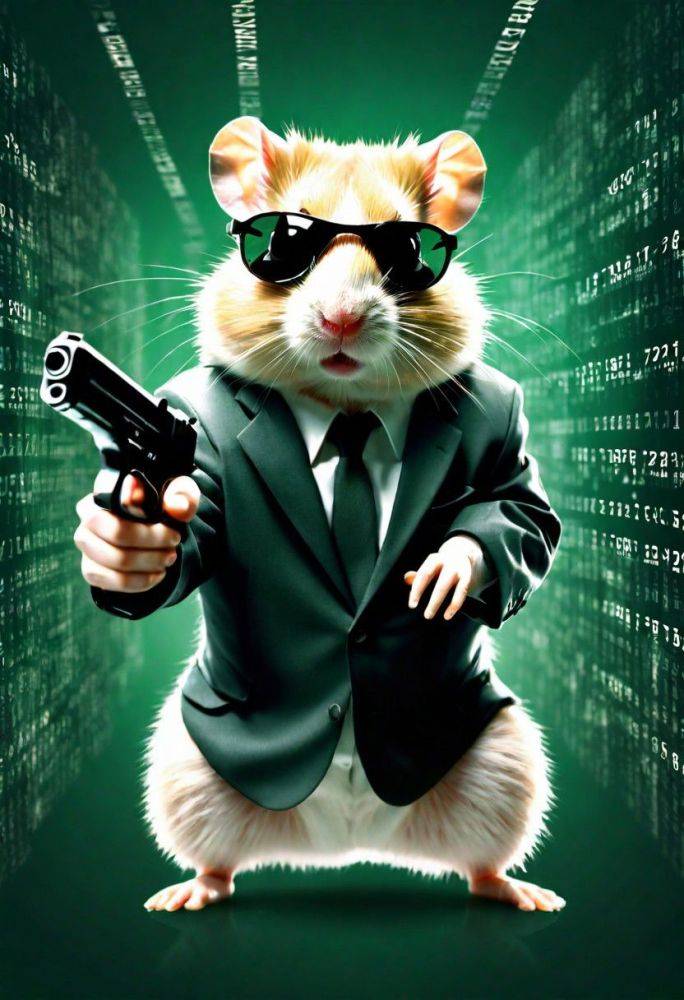 Double Exposure of a hamster, sunglasses, holding a handgun as agent smith from The Matrix, Falling Matrix style Code and numbers - #main
