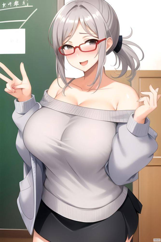 Older woman , teacher , happy, blushing, sweater falling off of... - #main