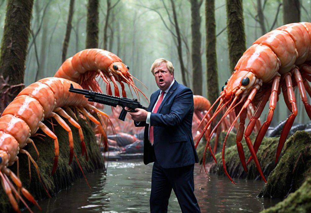 Stereotypical british man along with a fat american republican taking their last stand agaist a giant army of killer shrimp with guns devouring humans in an evil forest - #main