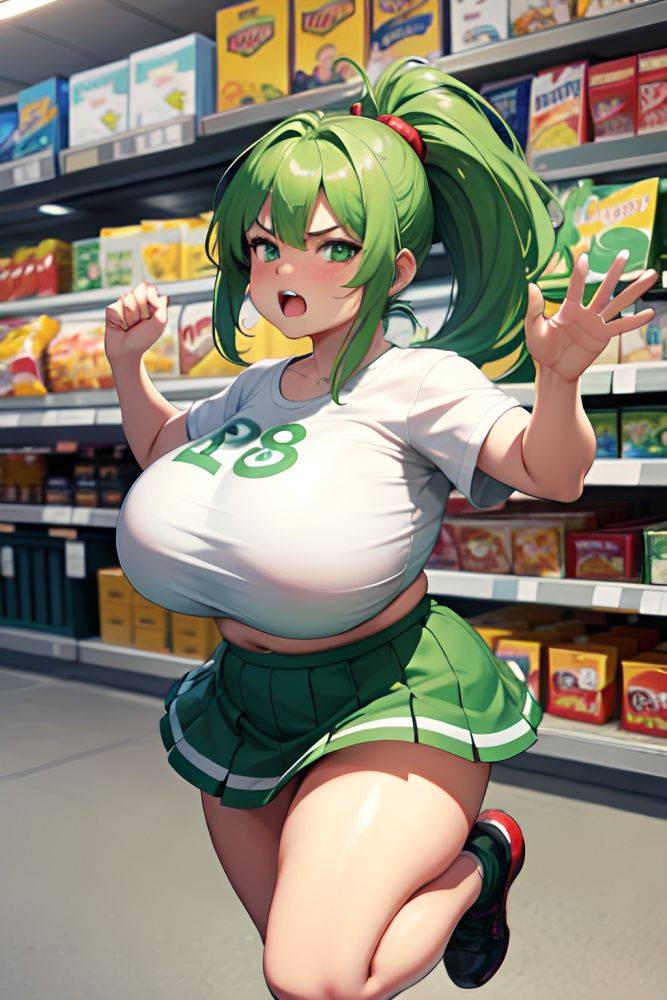 Anime Chubby Huge Boobs 18 Age Angry Face Green Hair Ponytail Hair Style Light Skin Film Photo Grocery Front View Jumping Mini Skirt 3666336988712556292 - AI Hentai - #main