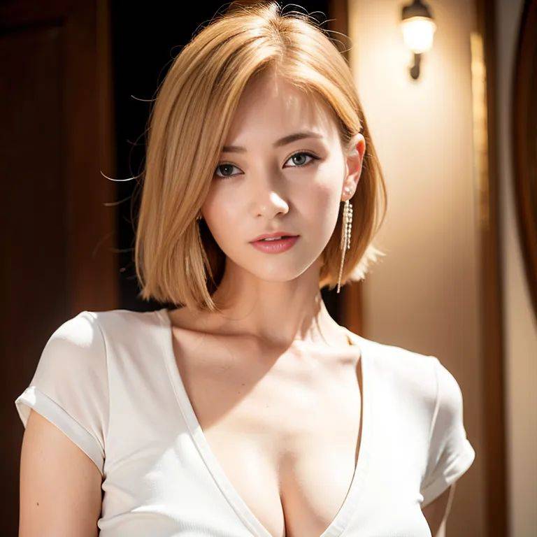 ,woman,twenties,(RAW photo, best quality, masterpiece:1.1), (realistic, photo-realistic:1.2), ultra-detailed, ultra high res, physically-based rendering,yellow hair,beautiful,normal breasts,earings,short sleeves,white shirt,(adult:1.5) - #main