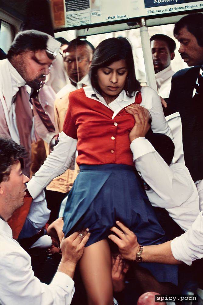real natural colors ultra detailed expressive faces detailed anatomy wide view of several very creepy men discretely groping and fondling the body under the skirt of a very small reluctant powerless scared indian woman in school uniform on a crowded bus - #main