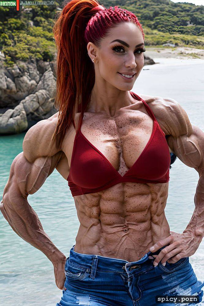 veiny biceps ultra detailed cute smile freckles full body shot beach - #main