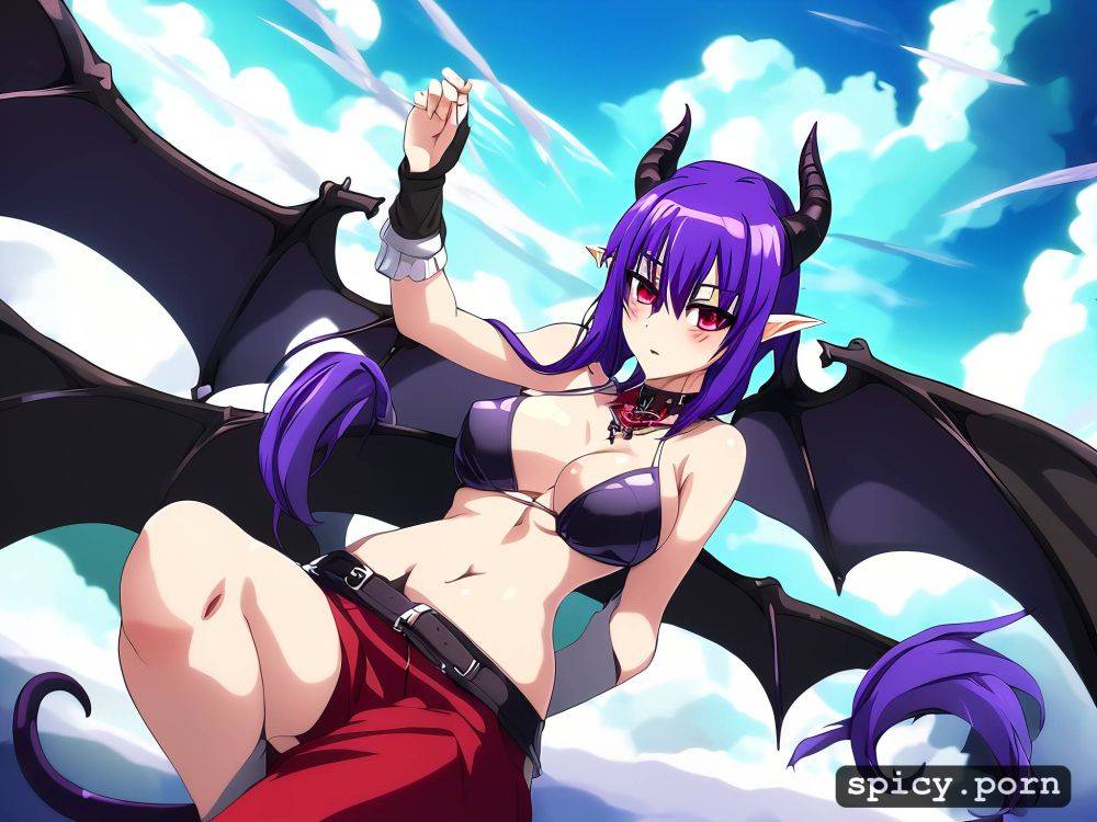 short cute female succubus black demonic tail cute face black draconic wings - #main