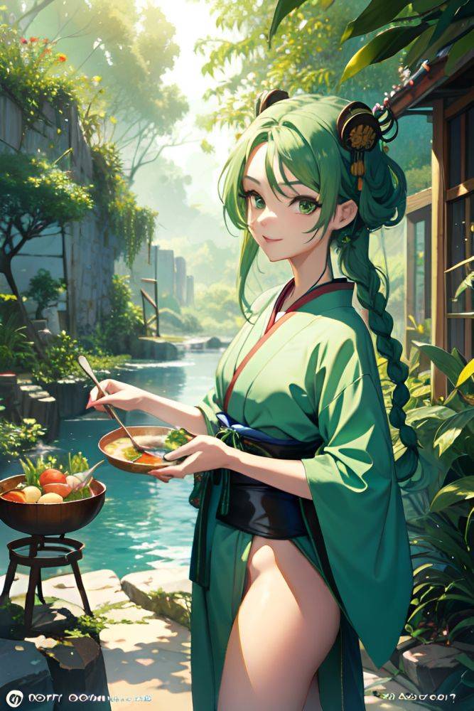 Anime Skinny Small Tits 20s Age Happy Face Green Hair Braided Hair Style Light Skin Painting Jungle Front View Cooking Geisha 3670770681840987944 - AI Hentai - #main