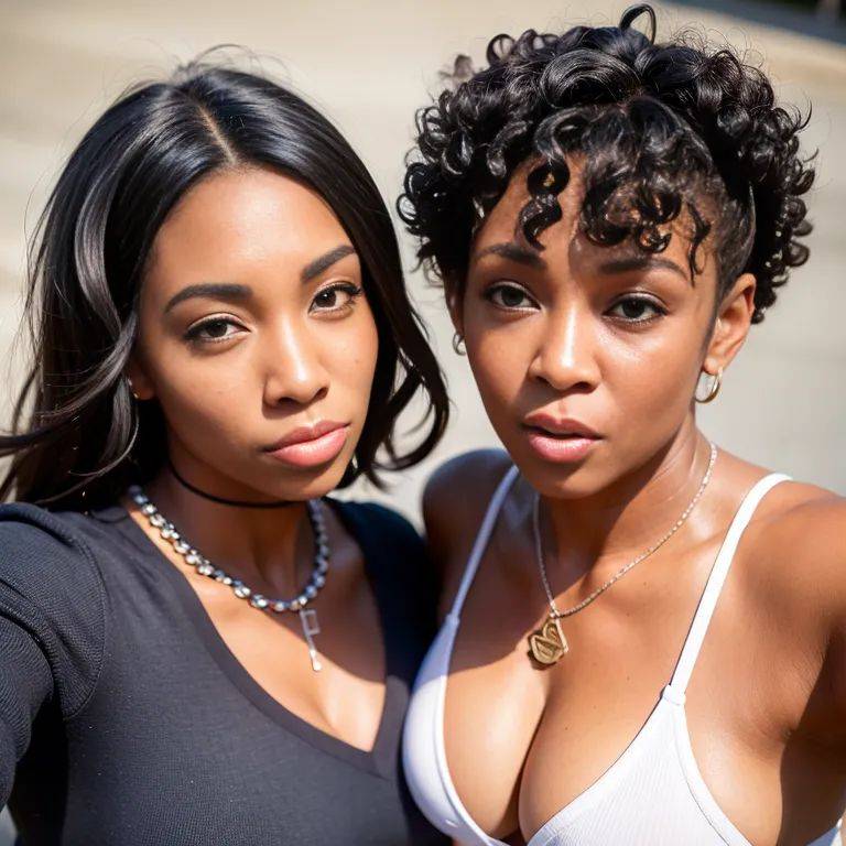 black people, ,(2women:2),thirties,(RAW photo, best quality, masterpiece:1.1), (realistic, photo-realistic:1.2), ultra-detailed, ultra high res, physically-based rendering,from above,upper body, selfie, holding phone, - #main